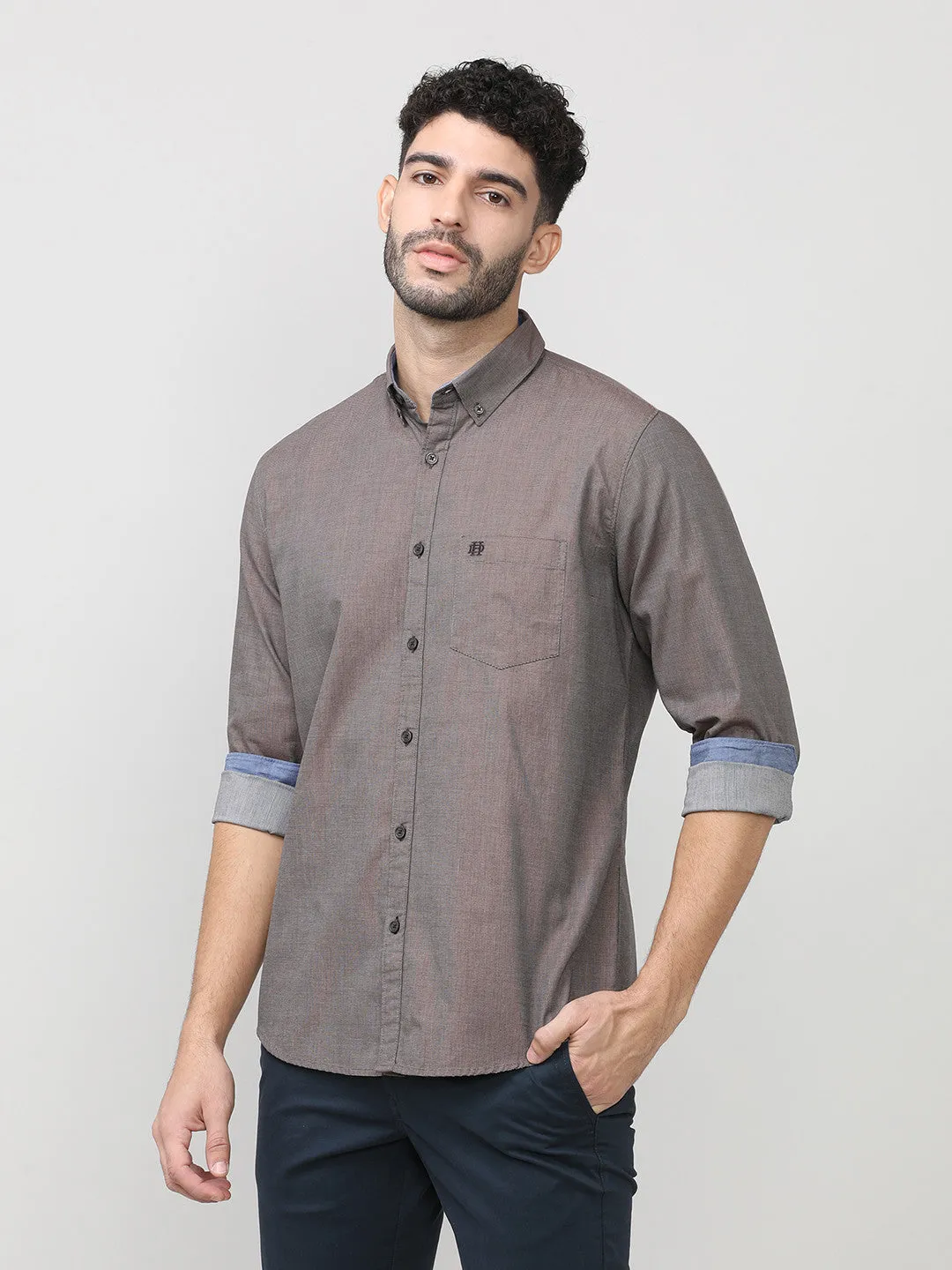 Copper Birdeye Weave Cotton Plain Shirt With Button Down Collar