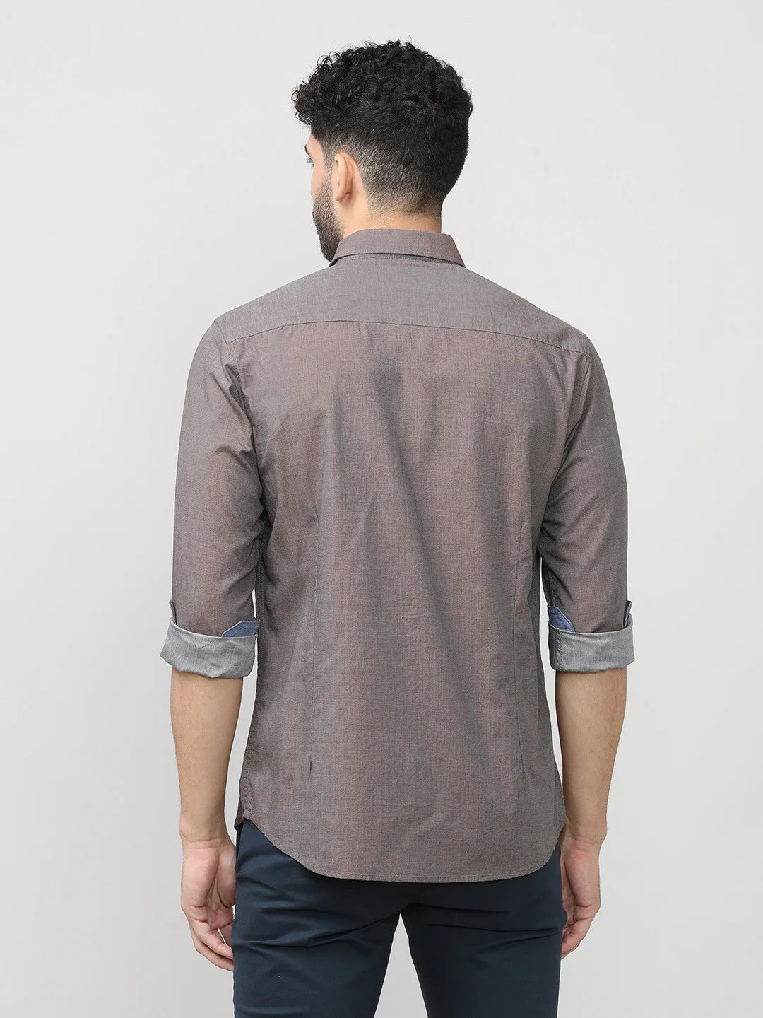 Copper Birdeye Weave Cotton Plain Shirt With Button Down Collar