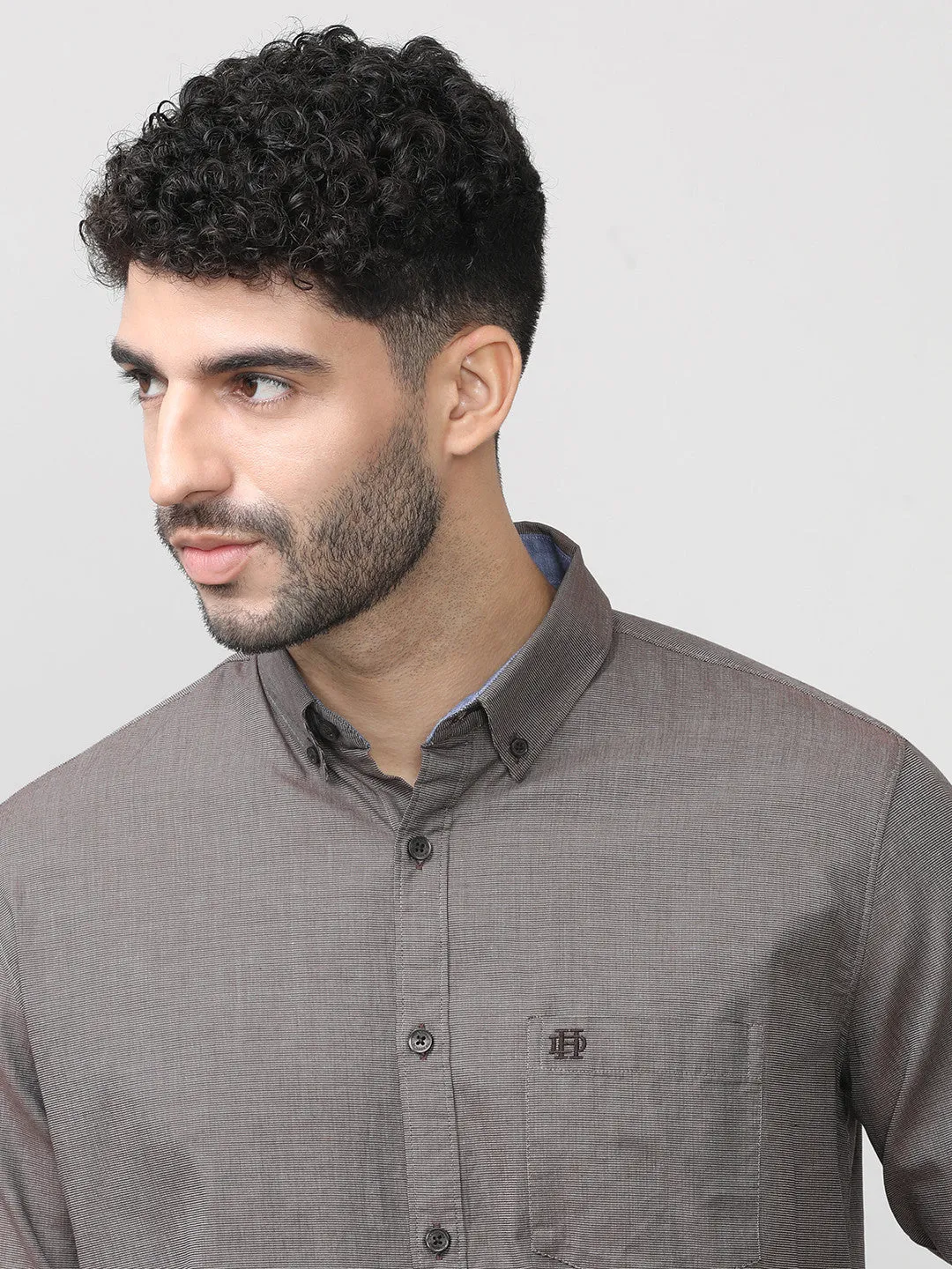 Copper Birdeye Weave Cotton Plain Shirt With Button Down Collar