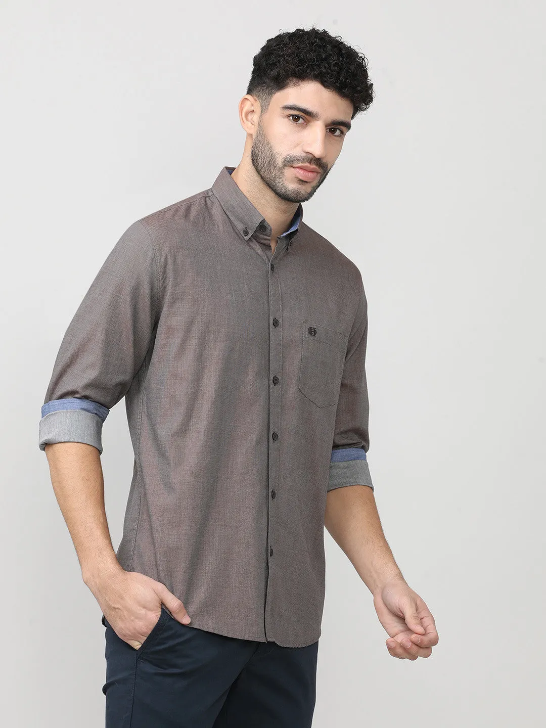 Copper Birdeye Weave Cotton Plain Shirt With Button Down Collar
