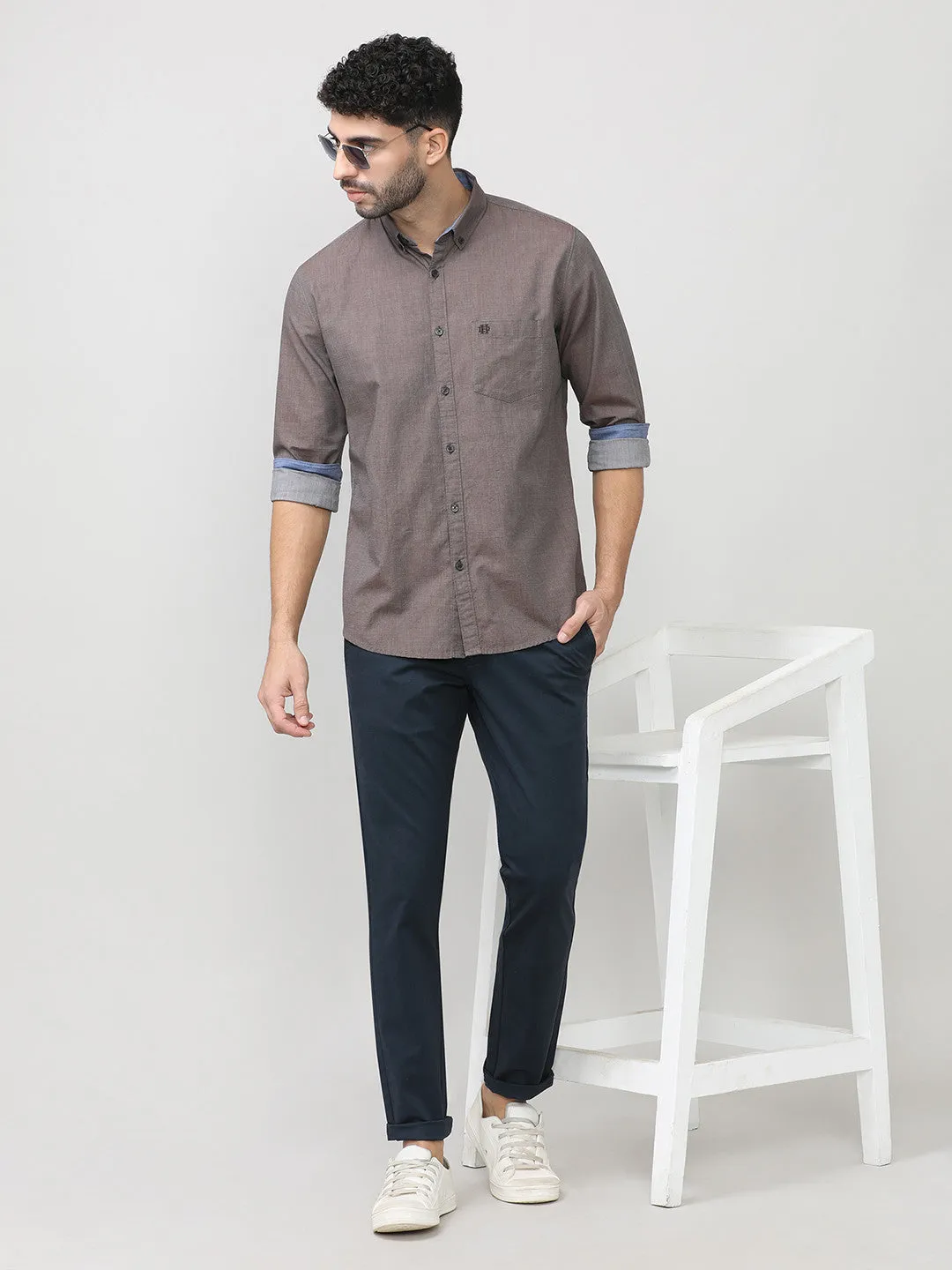 Copper Birdeye Weave Cotton Plain Shirt With Button Down Collar