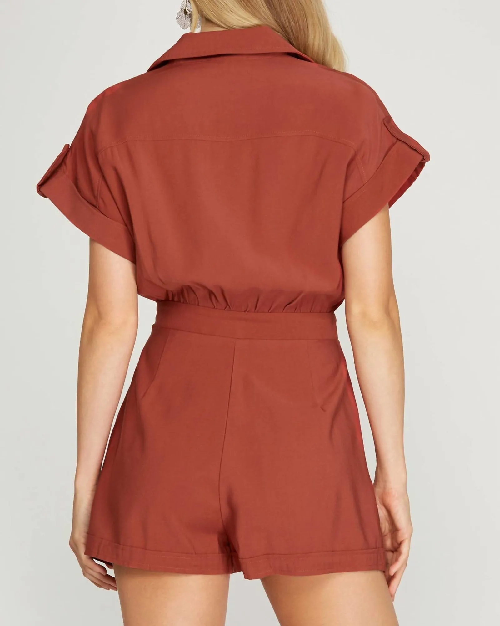 Drop Shoulder Woven Twill Romper With Pockets In Rust | Rust
