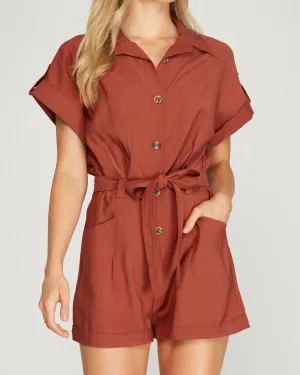 Drop Shoulder Woven Twill Romper With Pockets In Rust | Rust