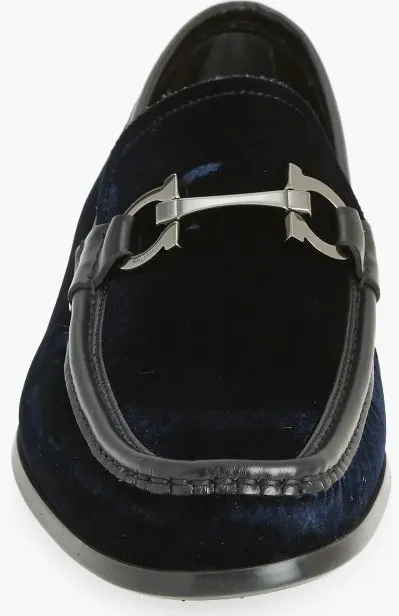 FERRAGAMO Gandioso Blue Velvet Moccasin with Gancio Ornament (Men)