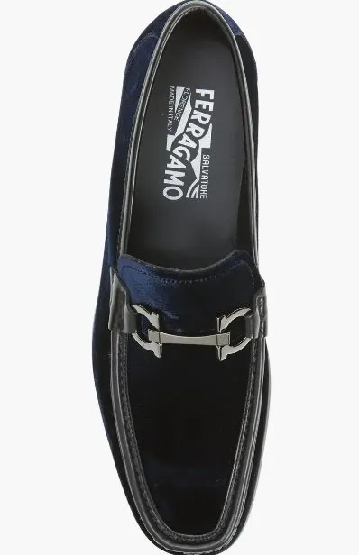 FERRAGAMO Gandioso Blue Velvet Moccasin with Gancio Ornament (Men)