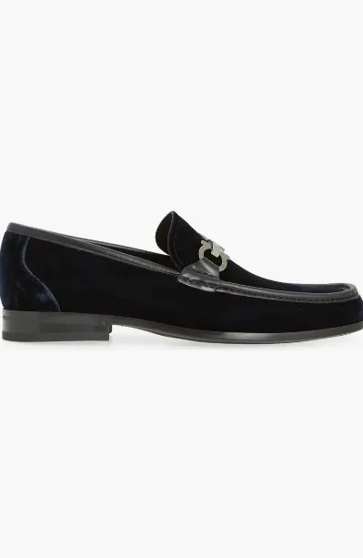 FERRAGAMO Gandioso Blue Velvet Moccasin with Gancio Ornament (Men)