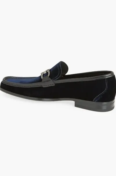 FERRAGAMO Gandioso Blue Velvet Moccasin with Gancio Ornament (Men)