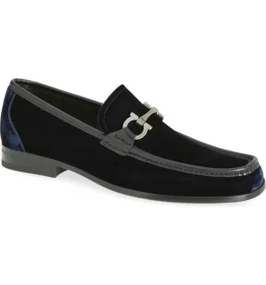 FERRAGAMO Gandioso Blue Velvet Moccasin with Gancio Ornament (Men)