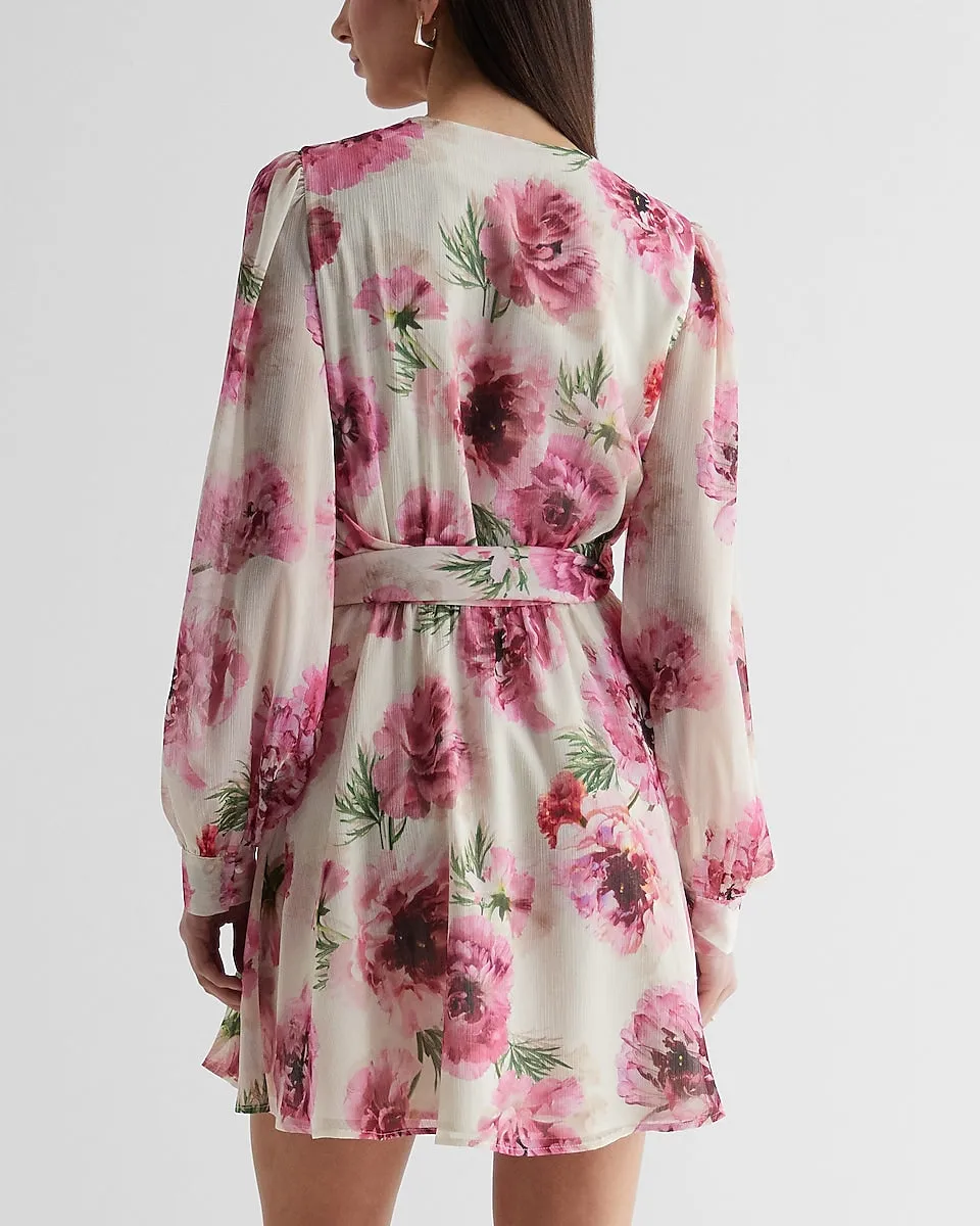 Floral Print Long Sleeve Tie Waist Mini Dress in Pink Print