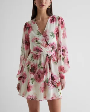 Floral Print Long Sleeve Tie Waist Mini Dress in Pink Print