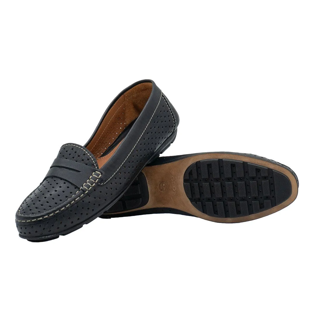 Geox Perforated Penny Loafers Leather Black Colour For Women