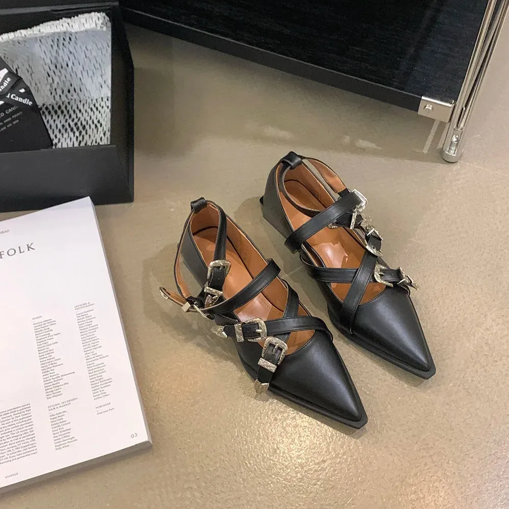 Hnzxzm Pointed Toe Women Flat Loafers Belt Buckle Autumn Spring Fashion Party Pumps Black White Silver Loafers Shoes Low Heels 35-39
