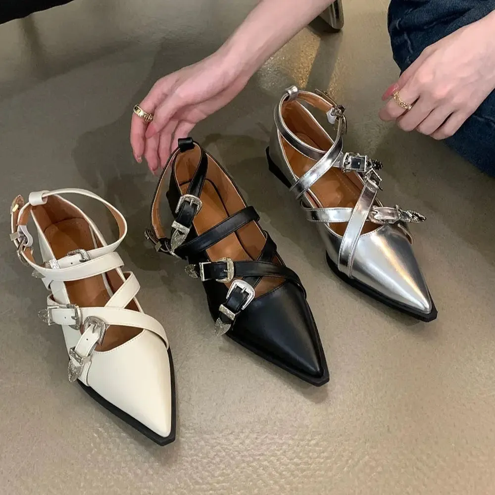 Hnzxzm Pointed Toe Women Flat Loafers Belt Buckle Autumn Spring Fashion Party Pumps Black White Silver Loafers Shoes Low Heels 35-39