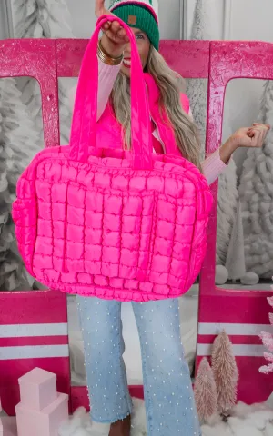 Hot Pink Quilted Duffel Weekender Bag w/ Pass-Thru Slip