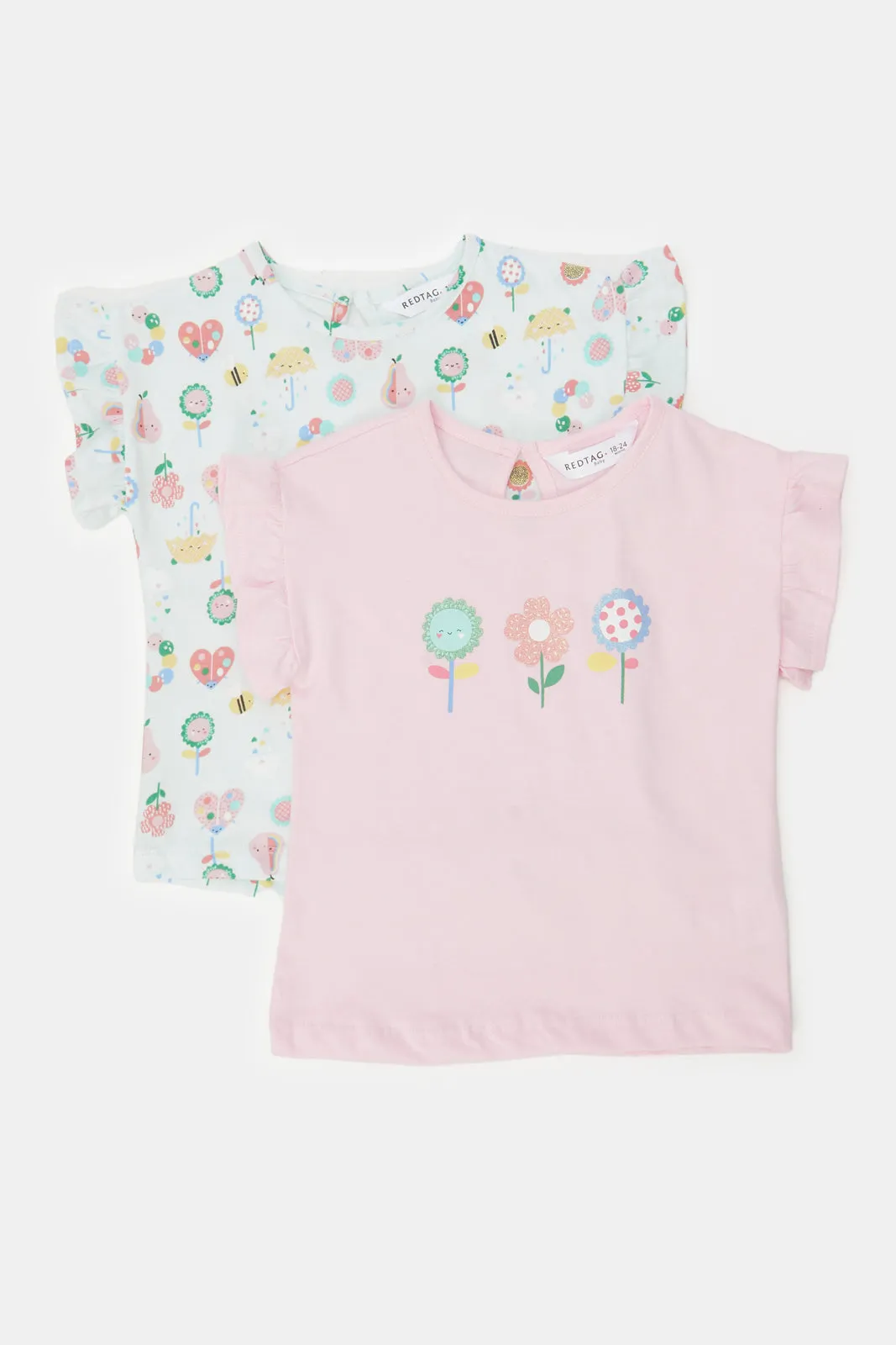 Infant Girls Pink And Mint Floral Print T-Shirt Set (Pack of 2)