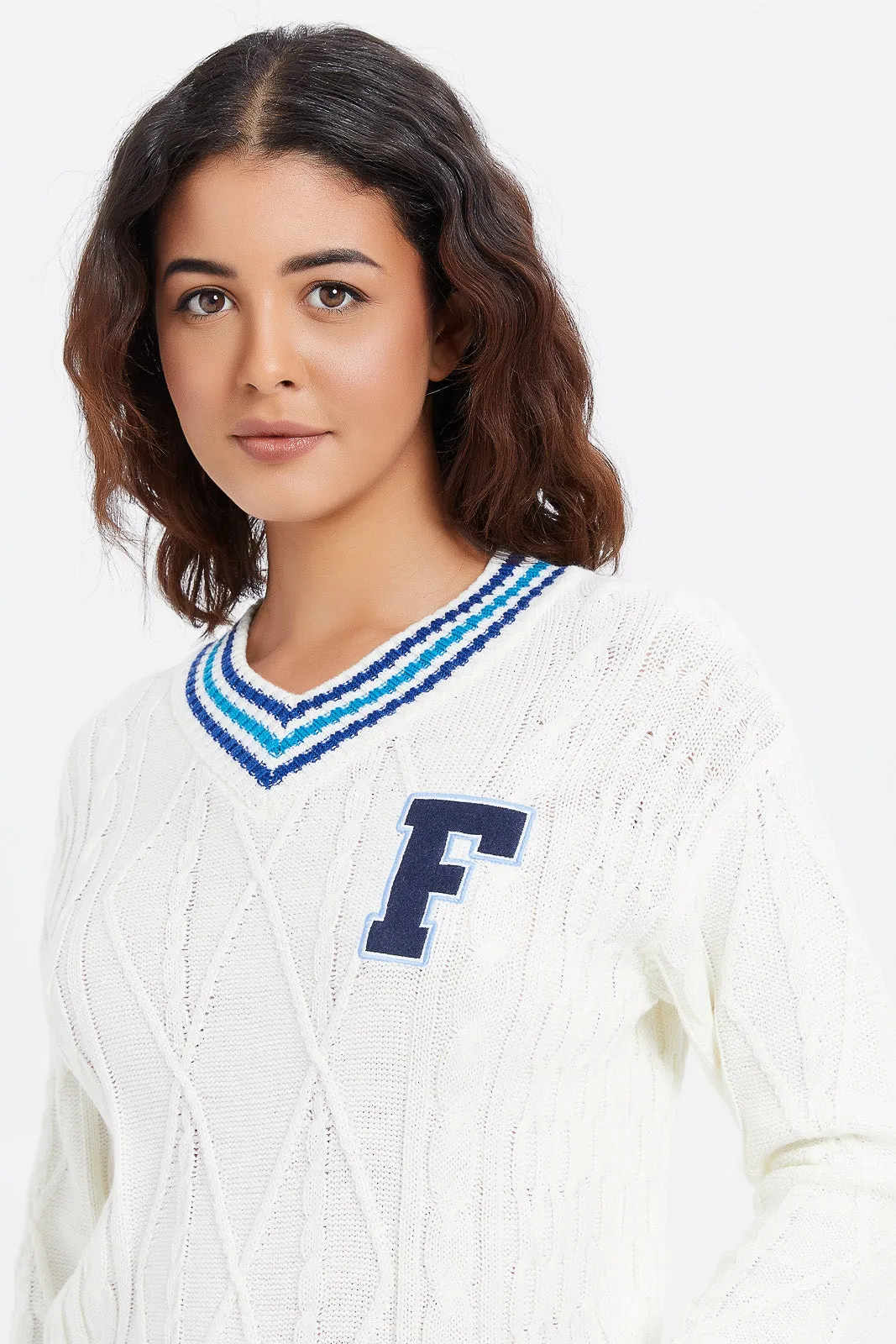 Ivory Collegiate Patched Pullover
