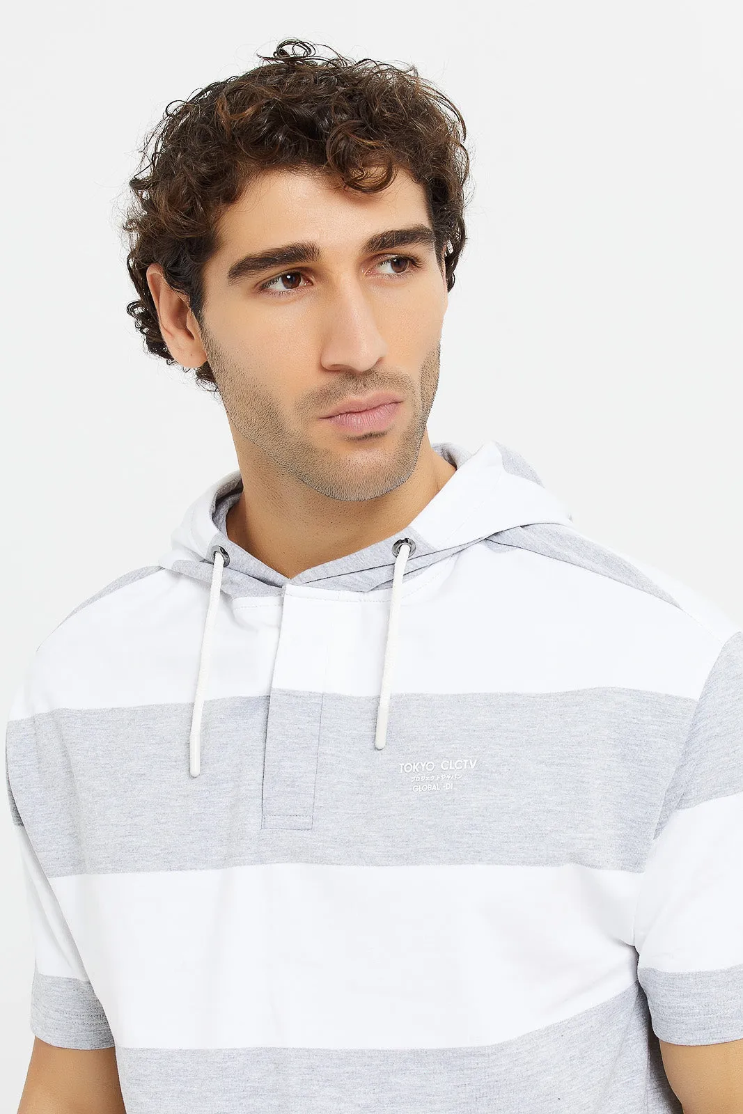 Men White And Grey Striped Hoodie T-Shirt