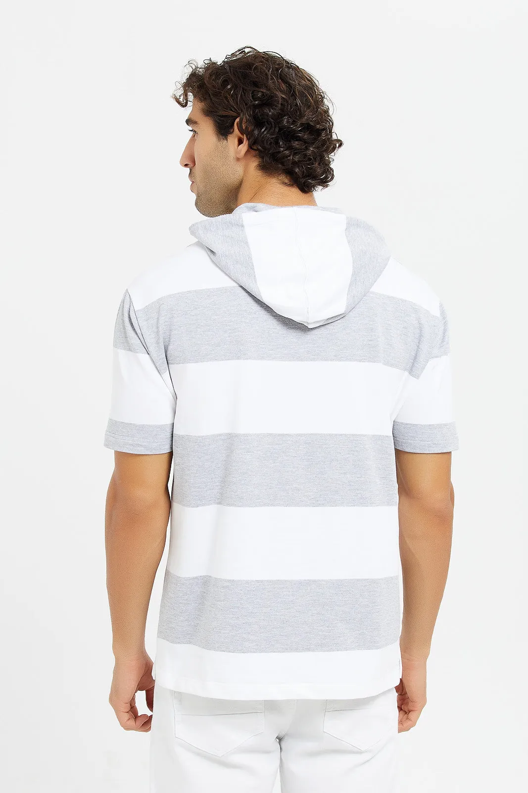 Men White And Grey Striped Hoodie T-Shirt