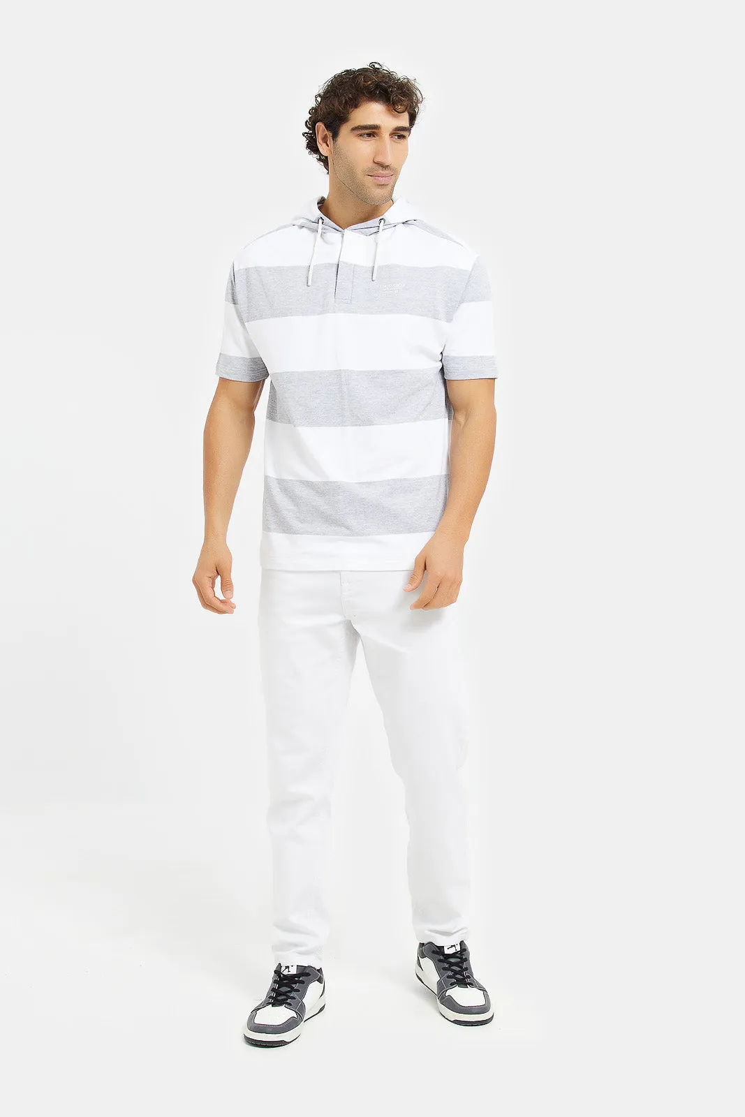 Men White And Grey Striped Hoodie T-Shirt