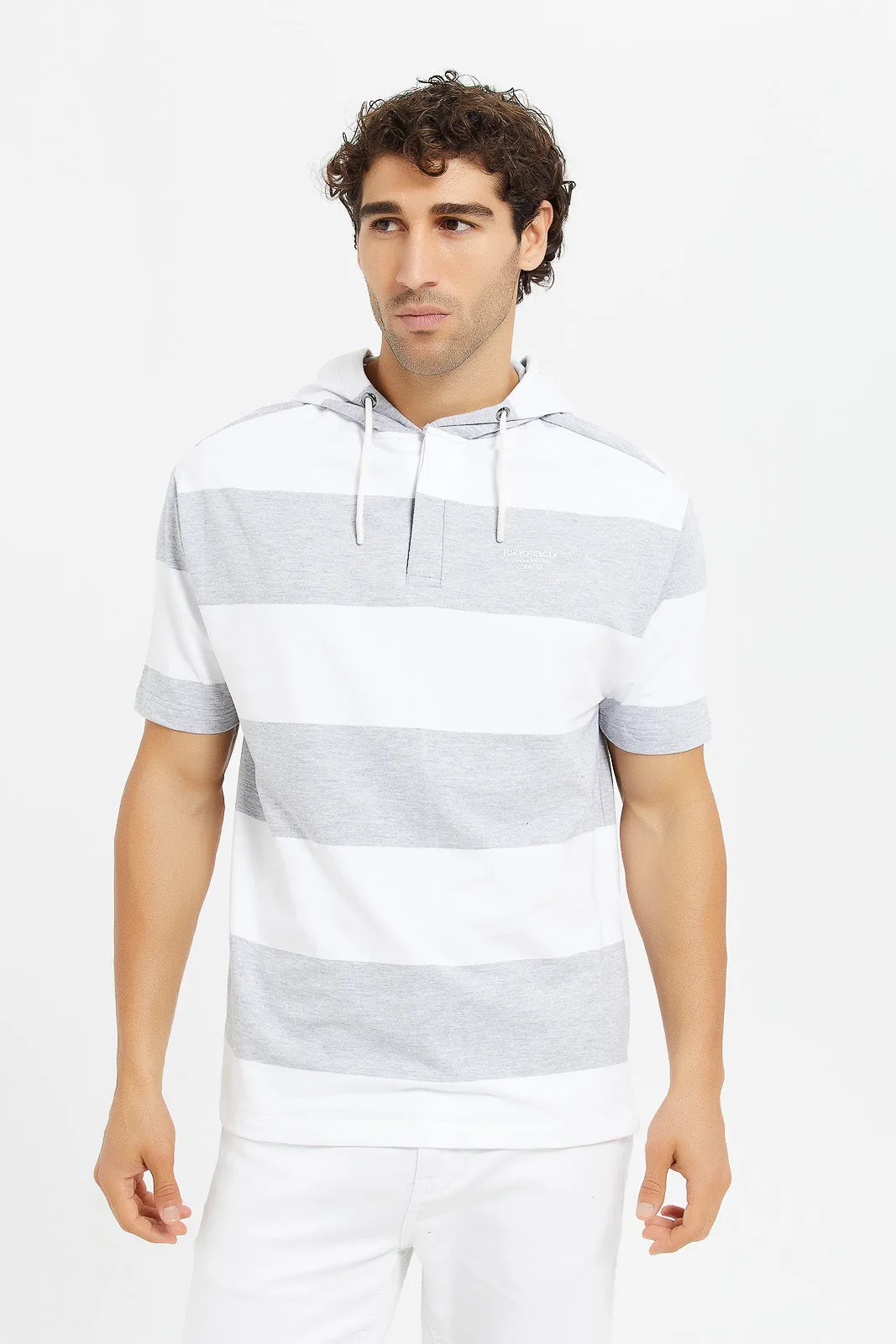 Men White And Grey Striped Hoodie T-Shirt