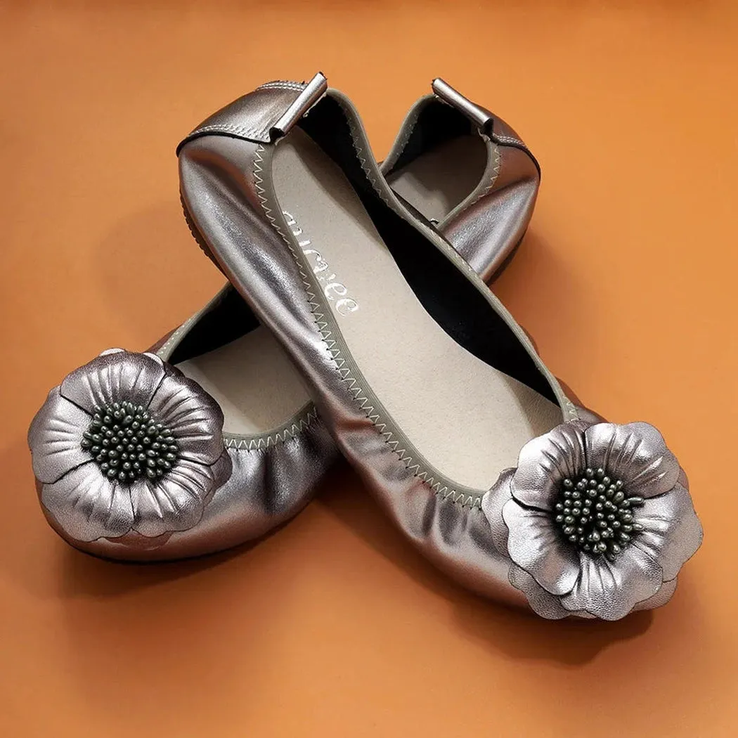 Merendy Golide Round toe Rose Romance Leather golden Sparkly ballet flats