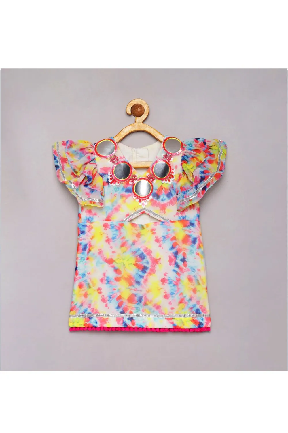 Multicolor Georgette Faux Mirror Work With Tiered Trail Dress