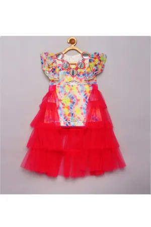 Multicolor Georgette Faux Mirror Work With Tiered Trail Dress