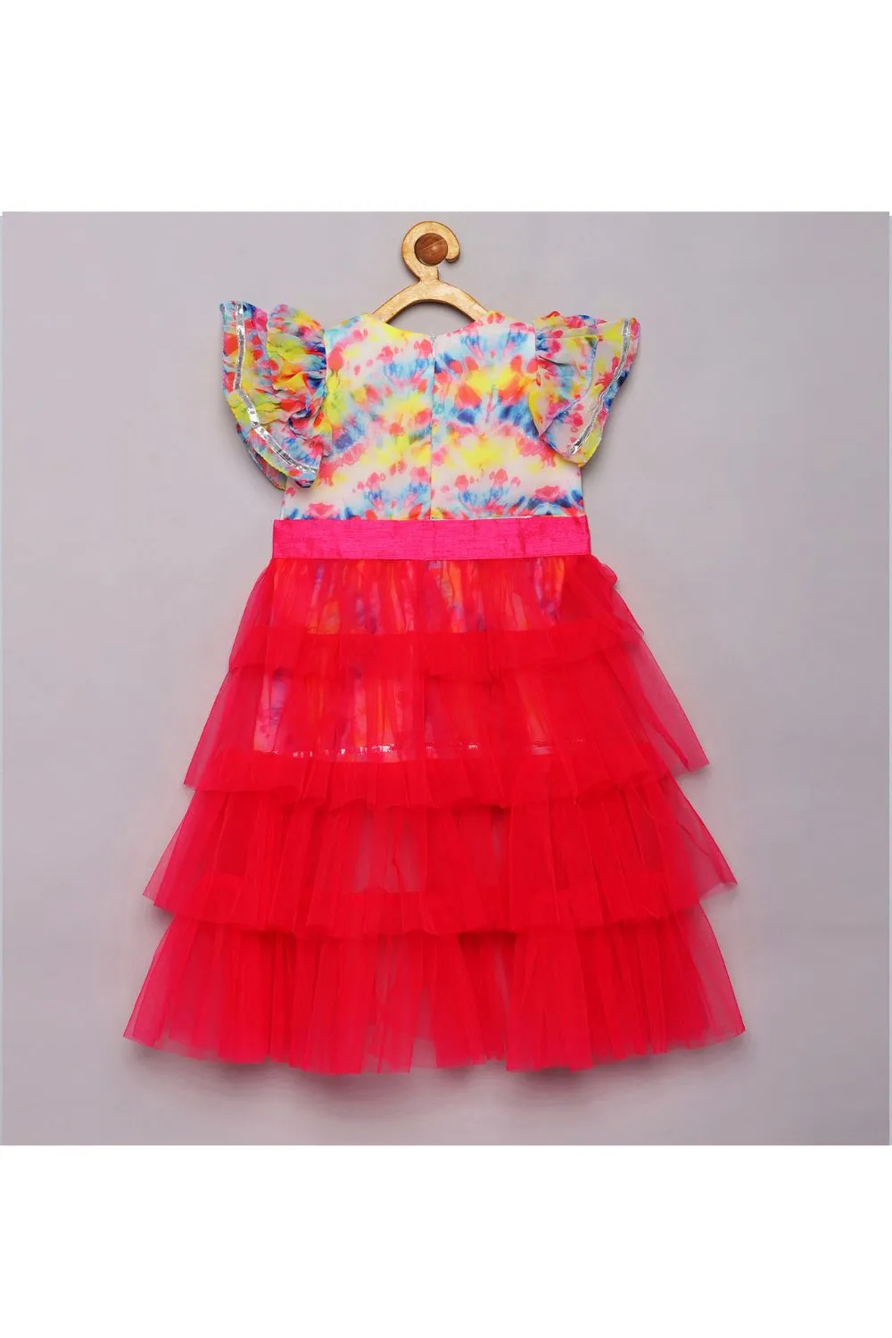 Multicolor Georgette Faux Mirror Work With Tiered Trail Dress