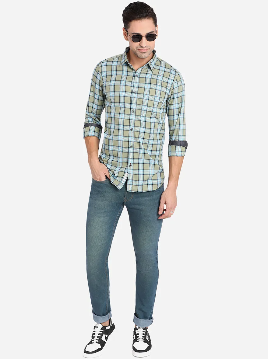 Sea Blue Checked Slim Fit Semi Casual Shirt | JadeBlue