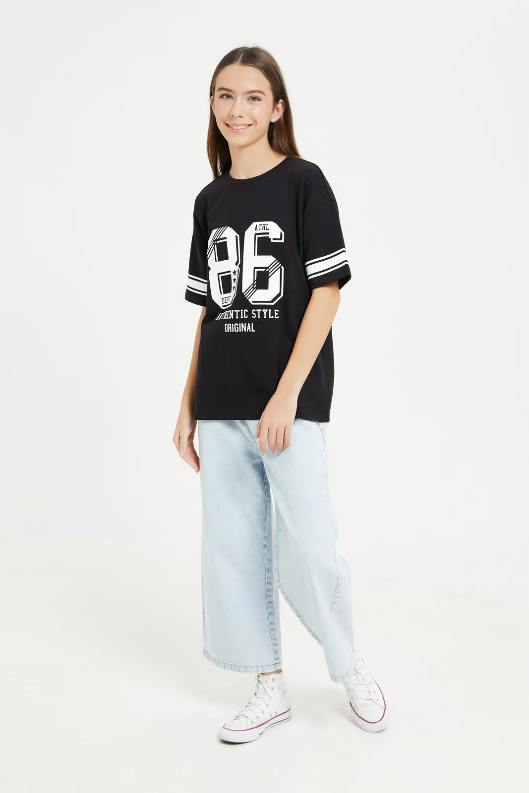 Senior Girls Black Scuba Printed T-Shirt