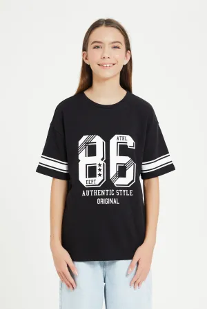 Senior Girls Black Scuba Printed T-Shirt