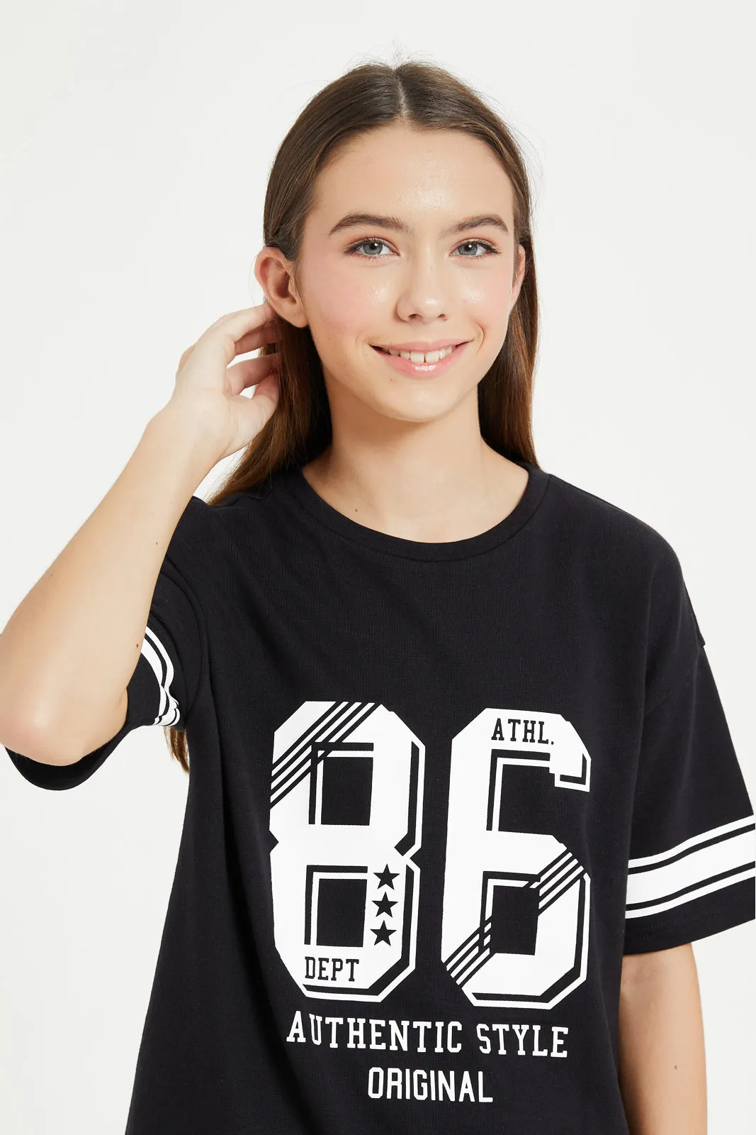 Senior Girls Black Scuba Printed T-Shirt