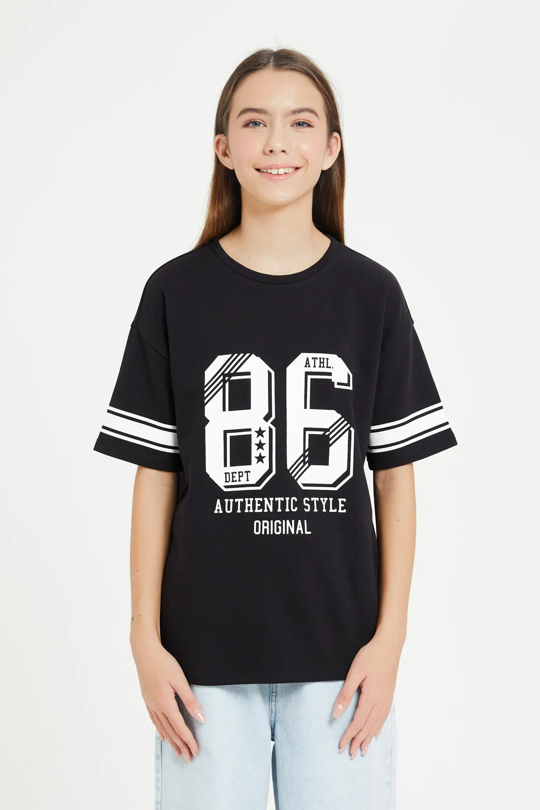 Senior Girls Black Scuba Printed T-Shirt