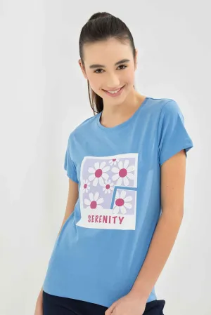 Senior Girls-Blue Graphic Print T-Shirt