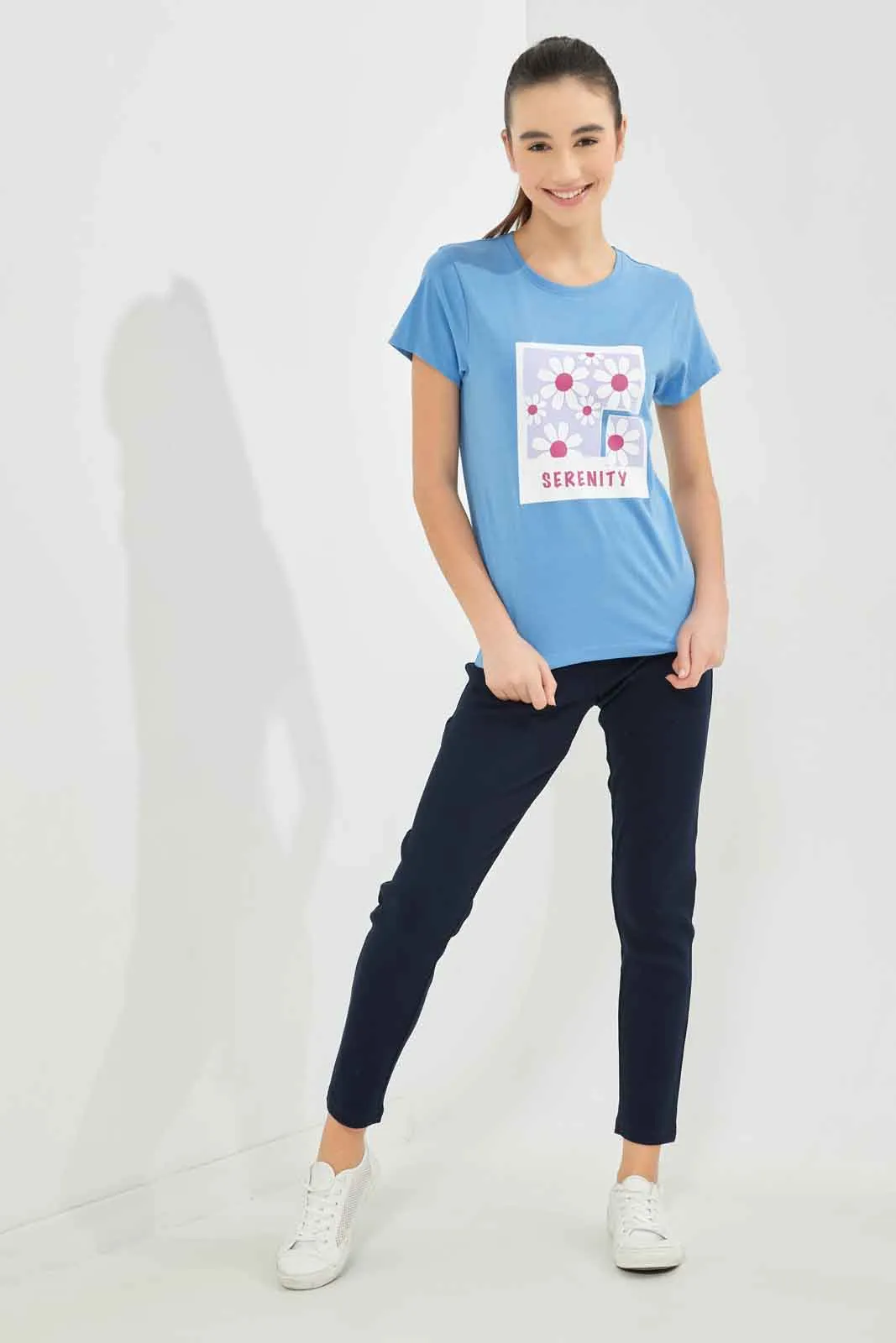 Senior Girls-Blue Graphic Print T-Shirt