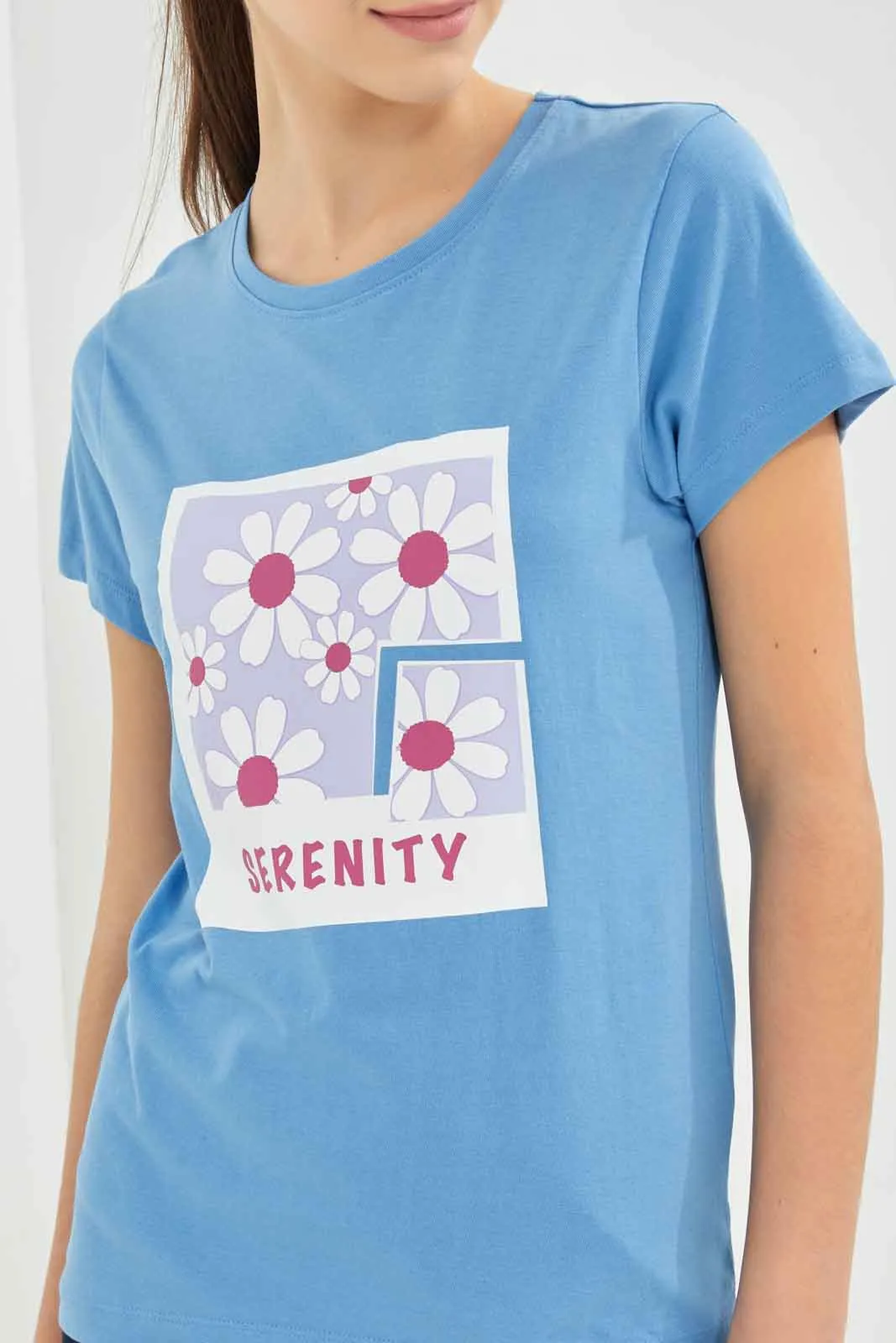 Senior Girls-Blue Graphic Print T-Shirt