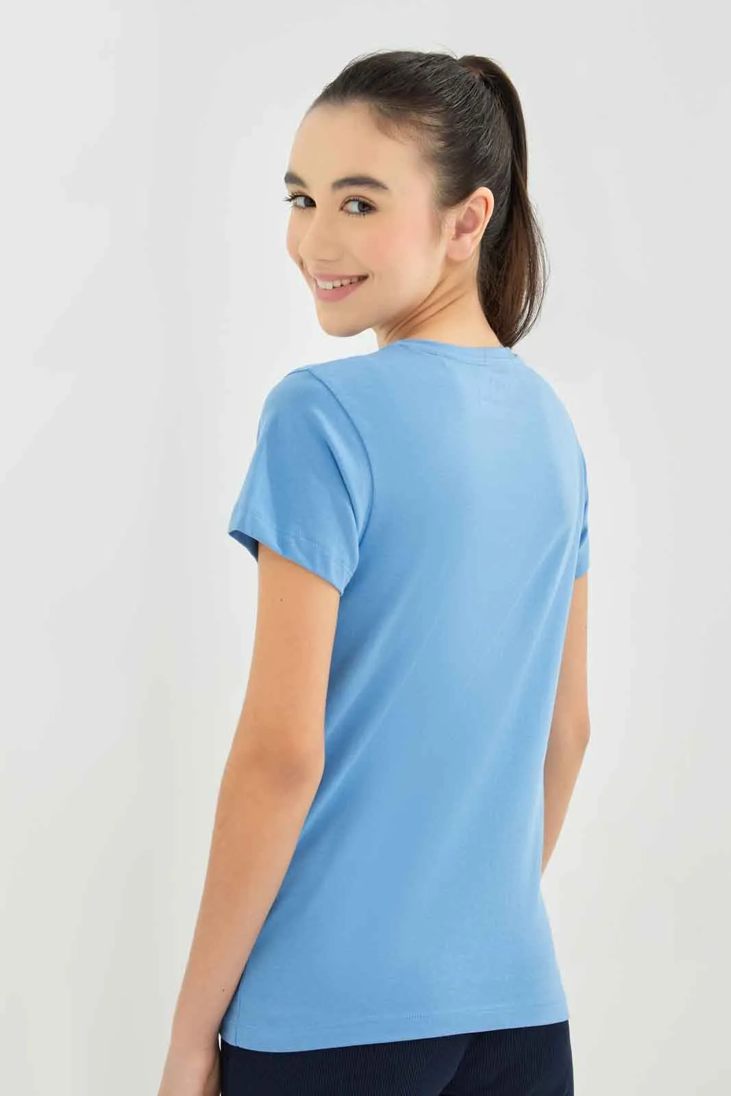 Senior Girls-Blue Graphic Print T-Shirt