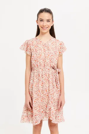 Senior Girls Cream Floral Printed Dress