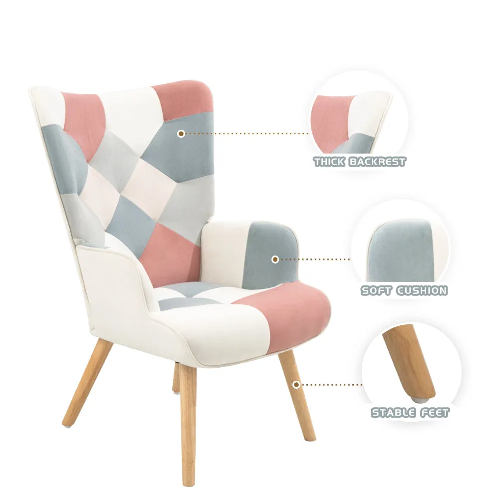 Spliced Cloth Upholstered Accent Chair and Ottoman, Pink and Blue