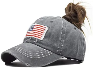Vintage Distressed American-Flag Hats Pony Tail Caps