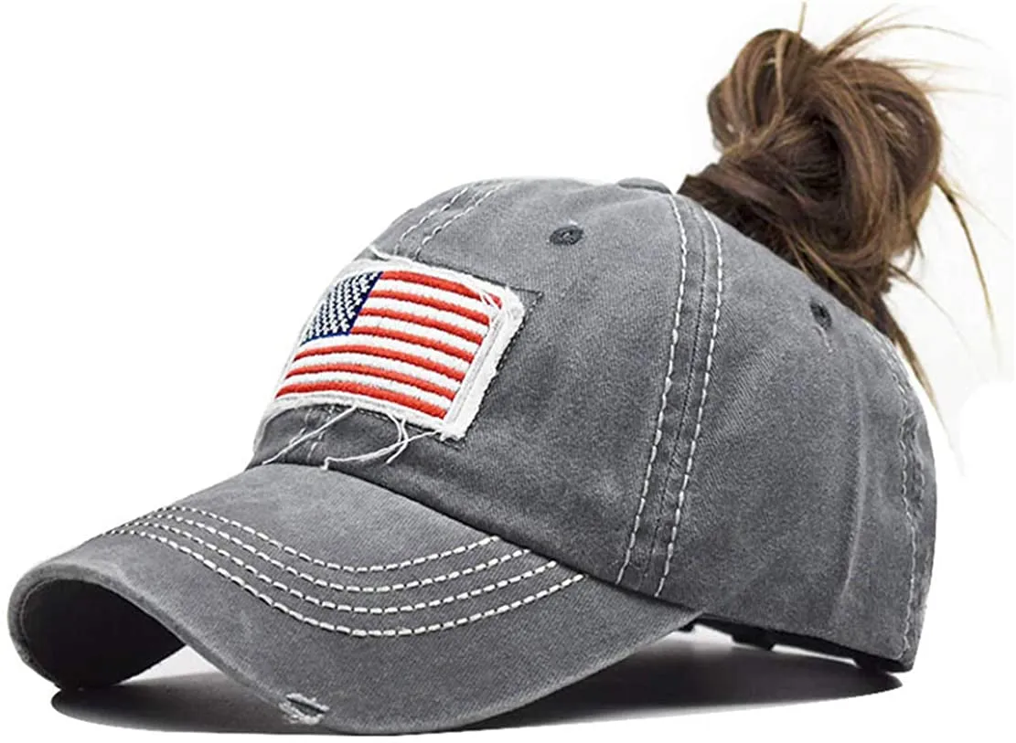 Vintage Distressed American-Flag Hats Pony Tail Caps