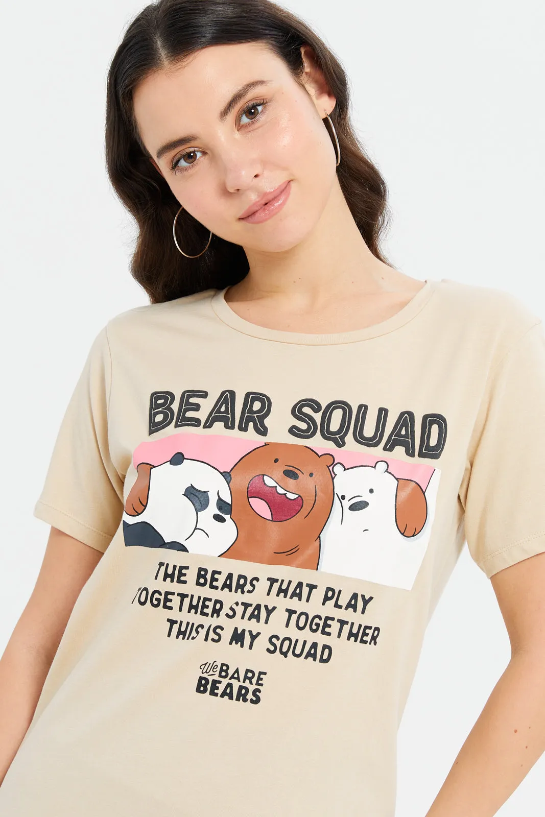 Women Beige We Bare Bears Printed T-Shirt
