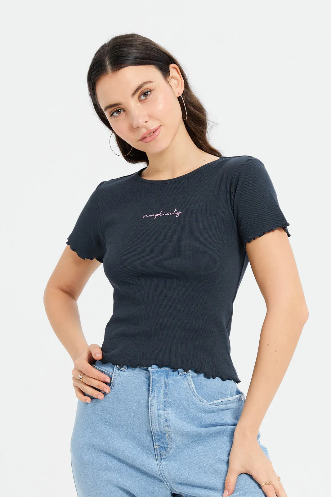 Women Charcoal Printed Rib T-Shirt