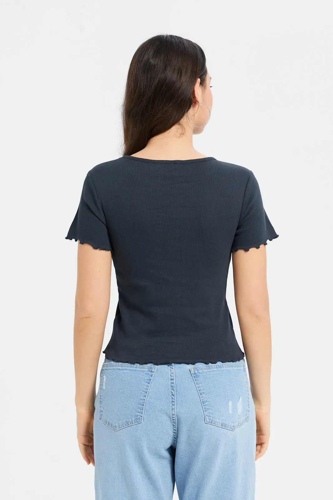 Women Charcoal Printed Rib T-Shirt