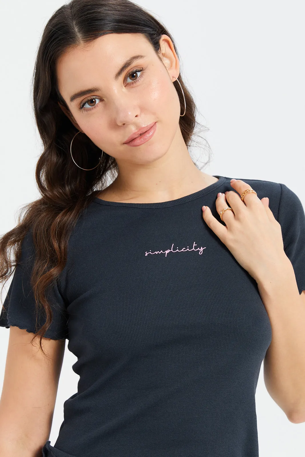 Women Charcoal Printed Rib T-Shirt