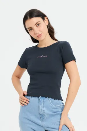 Women Charcoal Printed Rib T-Shirt